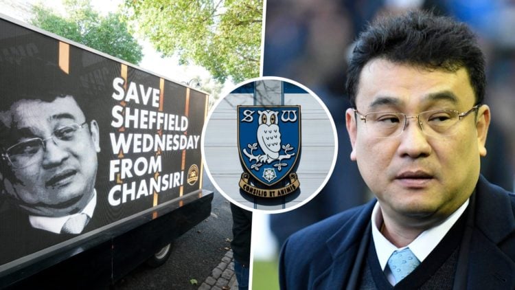 Sheffield Wednesday fans protesting Dejphon Chansiri, and Sheffield Wednesday owner Dejphon Chansiri before a Championship game. Inset, the Sheffie...