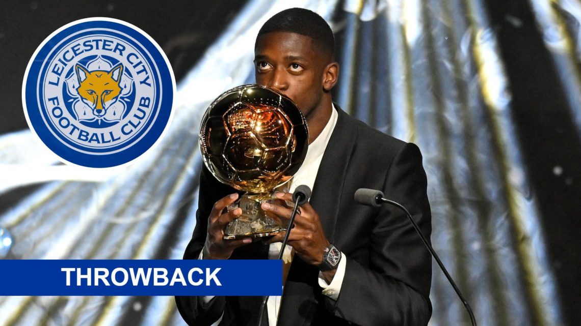 Ousmane Dembele kisses the Ballon d'Or trophy, an inset of the Leicester City badge, a retro label banner