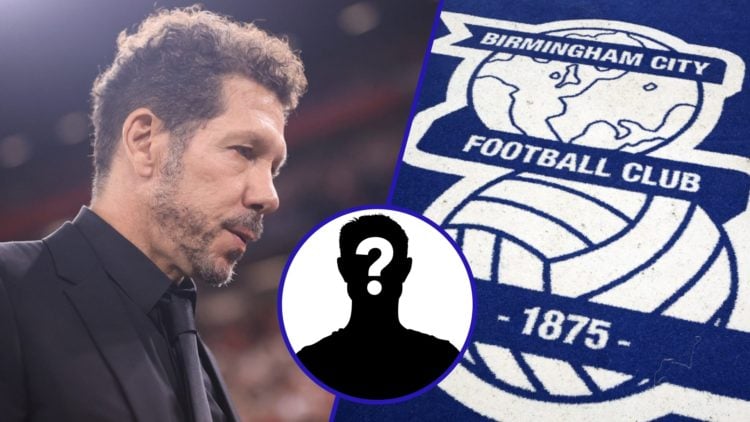 Split image showing Atletico Madrid coach Diego Simeone and the Birmingham City badge at St Andrews'