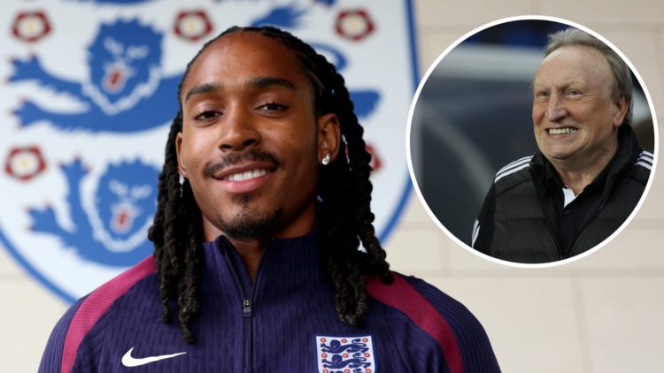 Djed Spence smiles at England's training camp (main) as Neil Warnock smiles as manager of Middlesbrough (inset)