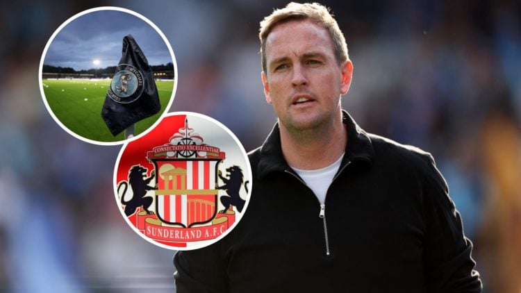 Wycombe Wanderers manager Mike Dodds before the League One play-off semi-final, a detailed view of the Sunderland badge, a detailed view of the Wyc...
