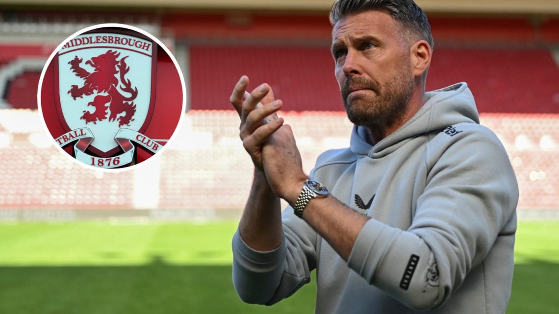Rob Edwards applauds the Middlesbrough fans at the Riverside Stadium, an inset of the Middlesbrough badge