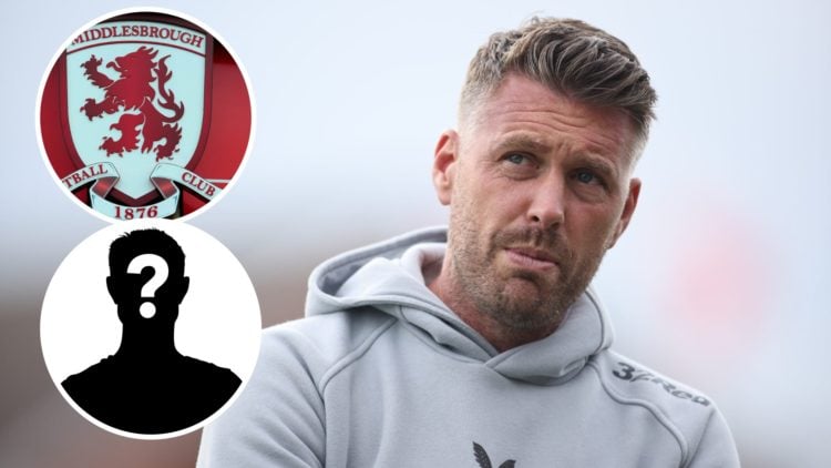 Rob Edwards looks dejected after Middlesbrough's pre-season friendly, an inset of the Middlesbrough badge, an inset of a mystery figure