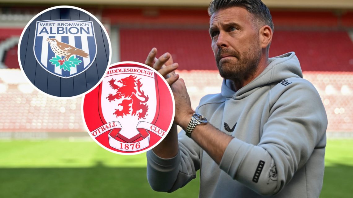 Rob Edwards applauds the Middlesbrough fans, an inset of the Middlesbrough badge, an inset of the West Brom badge
