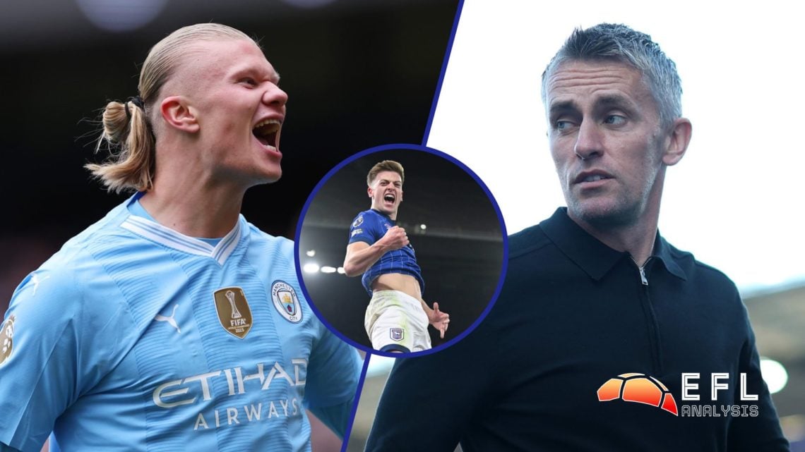 Split image showing Manchester City striker Erling Haaland, Ipswich Town head coach Kieran McKenna, and Liam Delap playing for the Tractor Boys