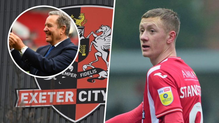 Exeter City (left) and Jay Stansfield (right) with Jeff Stelling (inset)