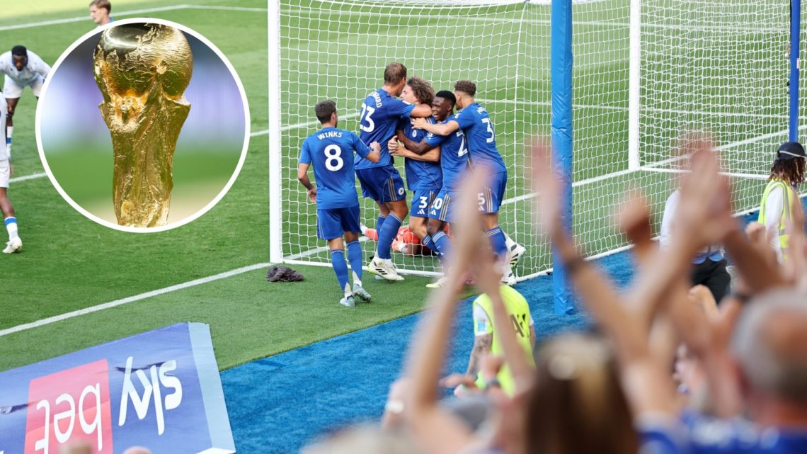 Wout Faes celebrates his goal with his Leicester City teammates vs Sheffield Wednesday, The World Cup Trophy before the FIFA World Cup Qatar 2022 F...