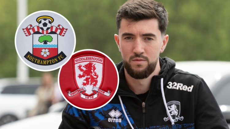 Former Middlesbrough player Finn Azaz arrives at the Riverside Stadium for a Championship clash. Inset, the Southampton FC badge and the Middlesbro...