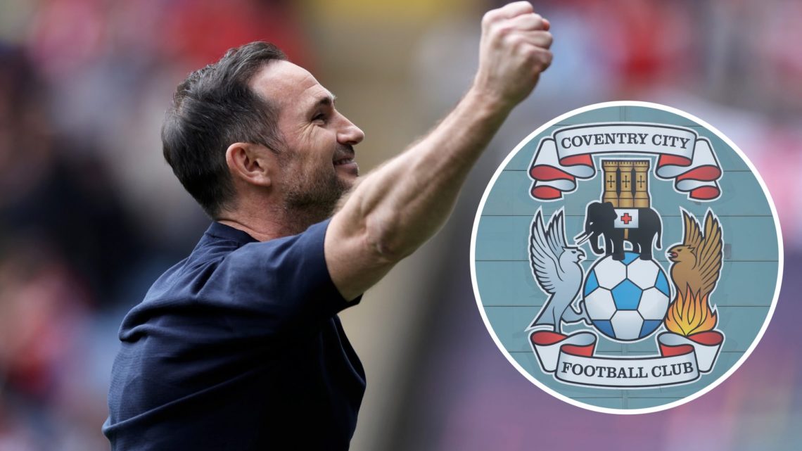 Frank Lampard lifts his arm up in celebration after Coventry City's game against Middlesbrough (main) and Coventry City club badge (inset)