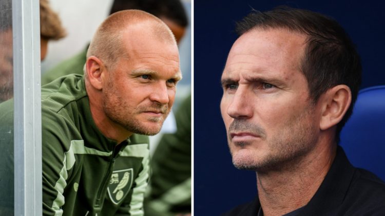 Norwich City FC head coach Liam Manning during a pre-season friendly, and Coventry City FC manager Frank Lampard in the dugout.