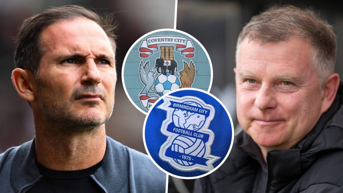 Coventry City manager Frank Lampard, and Stoke City FC manager Mark Robins. Inset, the Coventry City FC badge and the Birmingham City FC badge.