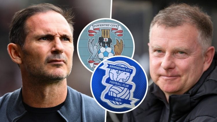 Coventry City manager Frank Lampard, and Stoke City FC manager Mark Robins. Inset, the Coventry City FC badge and the Birmingham City FC badge.