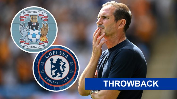 Coventry City manager Frank Lampard. Inset, Chelsea badge and Coventry City badge. Overlaid, Throwback banner.