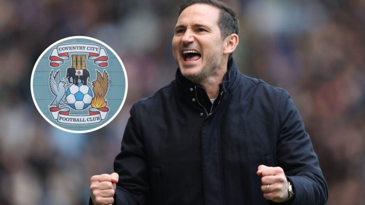 Frank Lampard reacts after his Coventry City side score in a Championship game. Inset, the Coventry City FC badge.