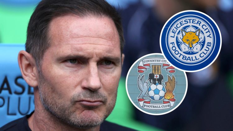 Coventry City FC head coach Frank Lampard before a Championship game. Inset, the Leicester City FC badge and the Coventry City FC badge.