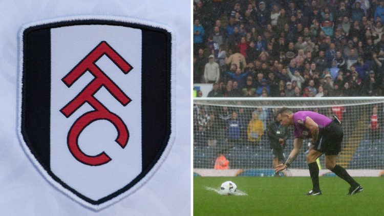Fulham badge on a shirt (left) and Referee rolls the ball to test in on the waterlogged pitch at Blackburn Rovers in game against Ipswich Town