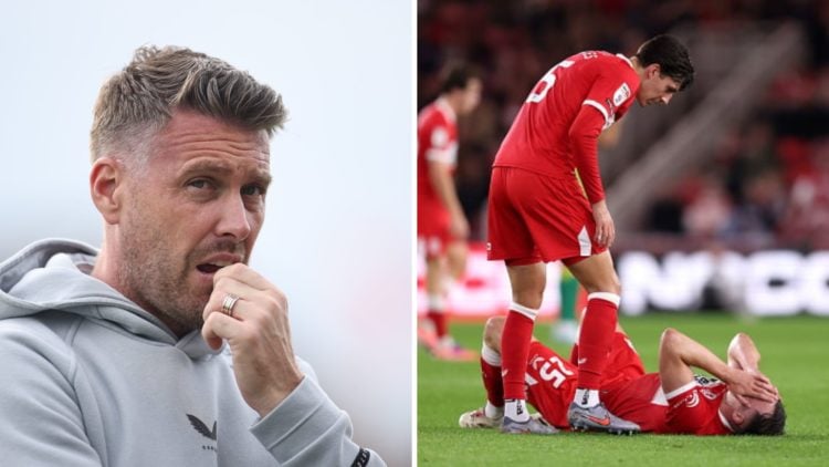 Rob Edwards looks nervous while managing Middlesbrough (left) and George Edmundson lies on the floor after injuring his eye (right)