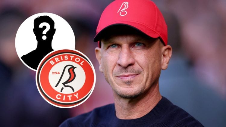 Bristol City manager Gerhard Struber, and inset, the Bristol City FC badge and a mystery player.