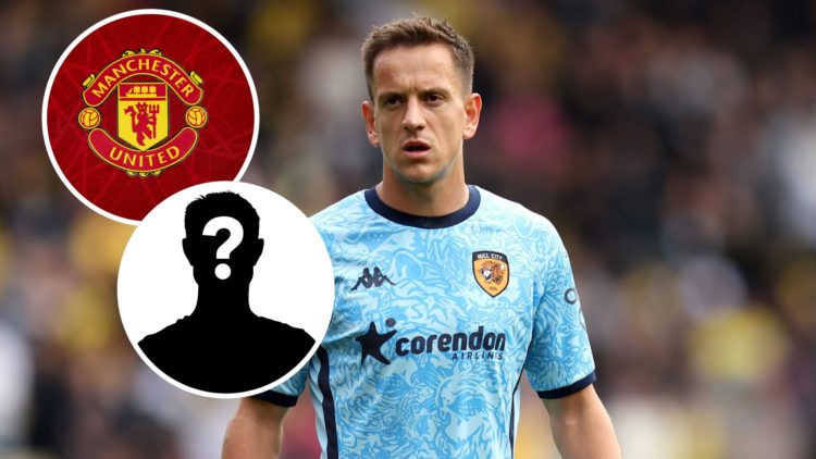 Amir Hadziahmetovic of Hull City looks on during the game against Watford, an inset of the Manchester United badge, an inset of a mystery figure