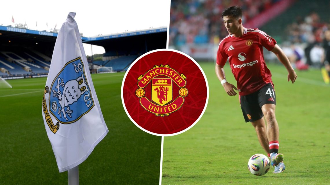 Sheffield Wednesday FC badge on a corner flag at Hillsborough Stadium, and Harry Amass on the ball for Manchester United FC. Inset, the Manchester ...
