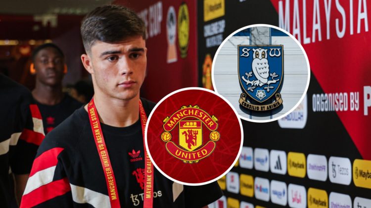 Harry Amass arriving for a Manchester United game. Inset, the Sheffield Wednesday FC badge and the Manchester United FC badge.