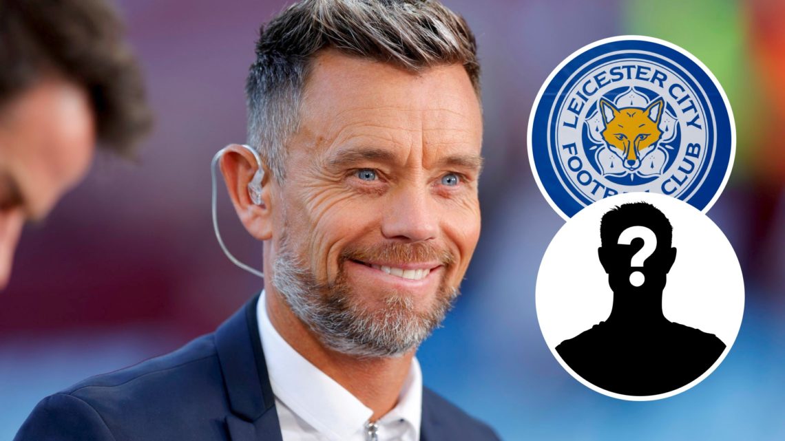 Lee Hendrie working as a pundit for Wolves vs Aston Villa, an inset of the Leicester City badge, an inset of a mystery man