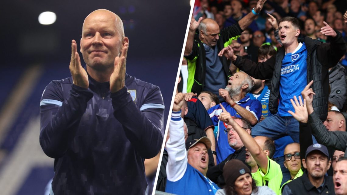 Henrik Pedersen is the manager of Sheffield Wednesday (left), Portsmouth fans during the Sky Bet Championship match between Southampton and Portsmo...