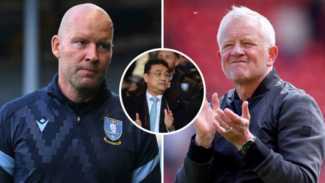 Split image of Henrik Pedersen and Chris Wilder, with Sheffield Wednesday chairman Dejphon Chansiri inset.