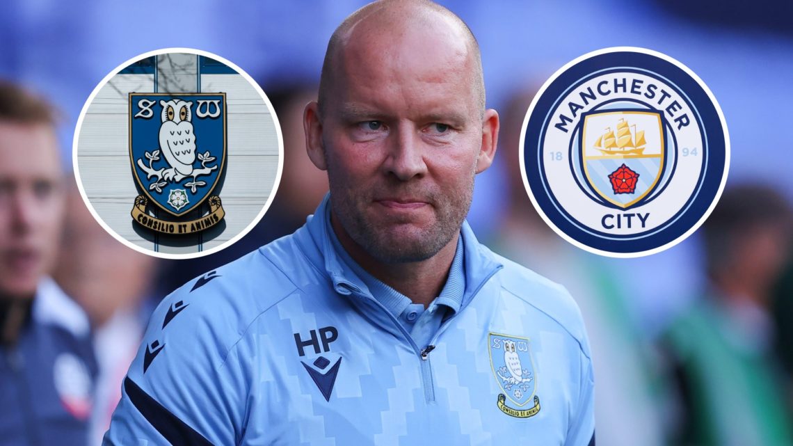 Sheffield Wednesday head coach Henrik Pedersen, and inset, the Sheffield Wednesday FC badge and the Manchester City FC badge.