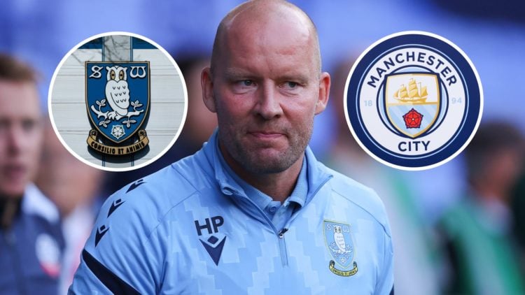 Sheffield Wednesday head coach Henrik Pedersen, and inset, the Sheffield Wednesday FC badge and the Manchester City FC badge.