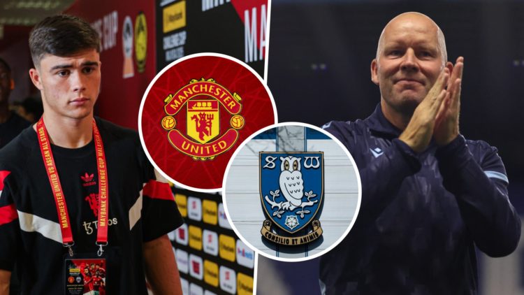 Harry Amass before a Manchester United game, and Henrik Pedersen applauding. Inset, the Manchester United FC badge and the Sheffield Wednesday FC b...