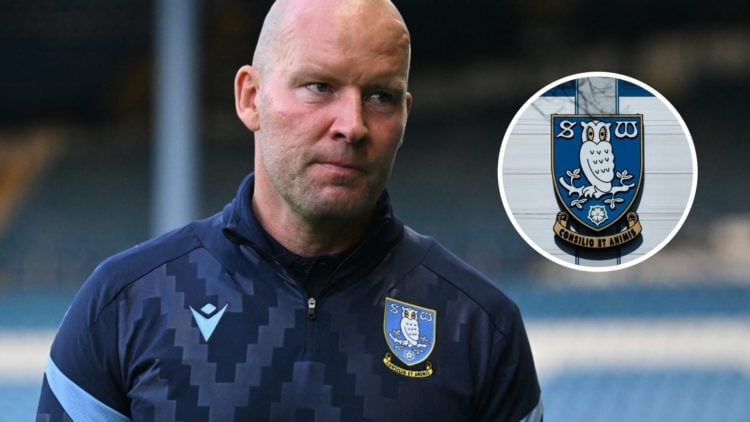 Sheffield Wednesday manager Henrik Pedersen with club badge inset.