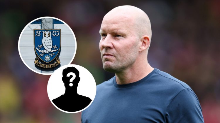 Sheffield Wednesday manager Henrik Pedersen with club badge inset and mystery graphic.