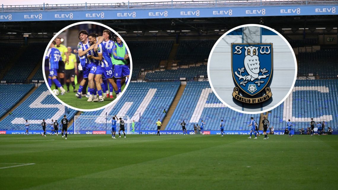 A general view of Hillsborough stadium, an inset of the Sheffield Wednesday badge, an inset of George Brown and Rio Shipston celebrating together