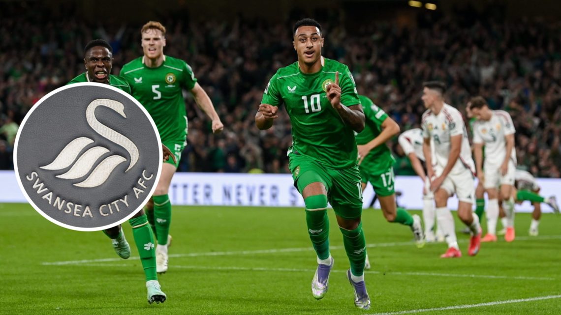 Adam Idah celebrates his last minute goal for Ireland against Hungary, an inset of the Swansea City crest