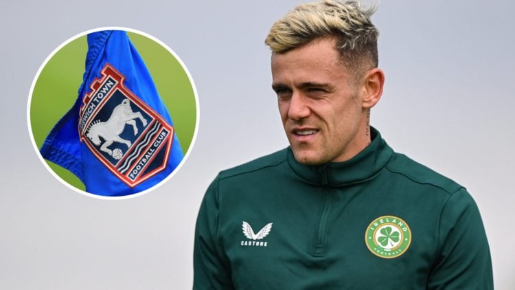 Ipswich Town's Sam Szmodics looks on during Republic of Ireland training (main) and Ipswich Town badge on a corner flag (inset)