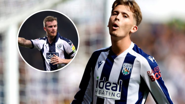 West Bromwich Albion player Isaac Price reacts during a Championship game, and inset, former West Brom player Chris Brunt reacts during a Champions...