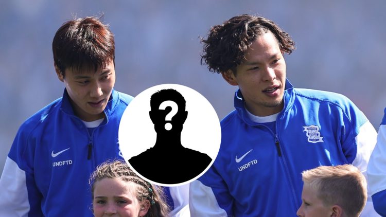 Paik Seung-Ho and Tomoki Iwata of Birmingham City line up before the game against Mansfield Town, an inset of the mystery man