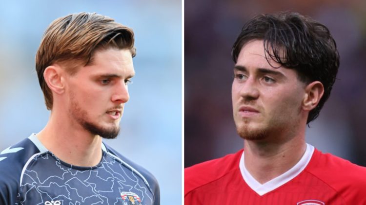 Jack Rudoni looks down while warming up for Coventry City (left) and Hayden Hackney looks on while playing for Middlesbrough (right)