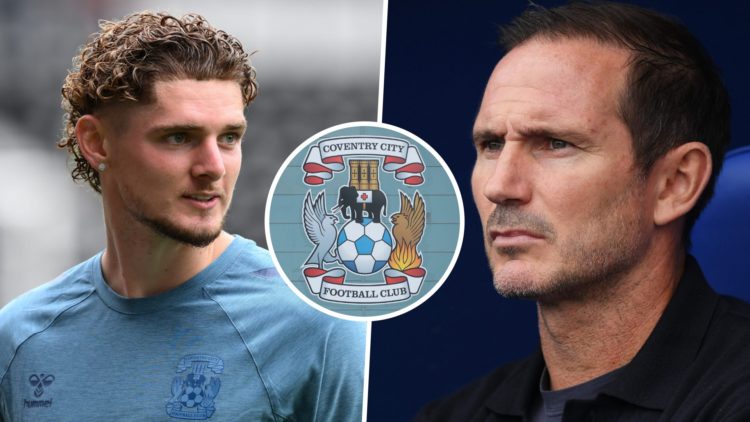 Jack Rudoni before a Coventry City game, and Coventry City manager Frank Lampard. Inset, the Coventry City FC badge.
