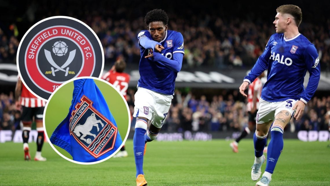 Jaden Philogene celebrates after scoring for Ipswich Town against Sheffield United. Overlaid, the Sheffield United FC badge and the Ipswich Town FC...