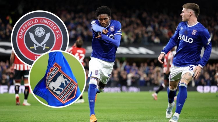 Jaden Philogene celebrates after scoring for Ipswich Town against Sheffield United. Overlaid, the Sheffield United FC badge and the Ipswich Town FC...