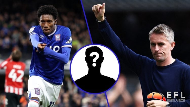 Split image showing Jaden Philogene scoring against Sheffield United and Ipswich Town coach Kieran McKenna
