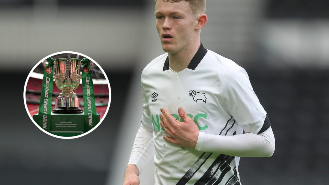 Derby County's Jake Rooney during the Emirates FA Cup Third Round match between Derby County and Barnsley. Inset, Carabao Cup trophy