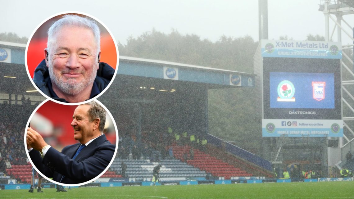 Jeff Stelling smiles while taking a photo on his phone (inset) and Ally McCoist smiles at the camera while working as a pundit (inset) and Blackbur...
