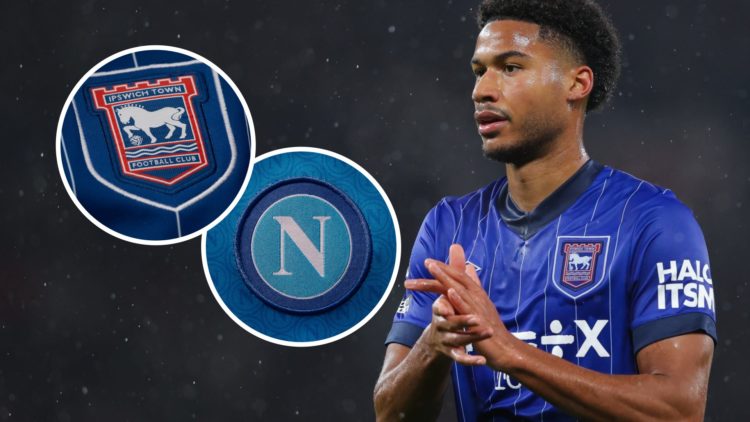 Jens Cajuste in action for Ipswich Town. Inset, the Ipswich Town FC badge and the Napoli FC badge.