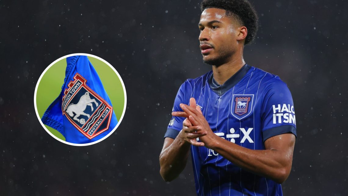 Jens Cajuste of Ipswich Town during the Premier League match between Manchester United FC and Ipswich Town FC. Inset, Ipswich Town flag