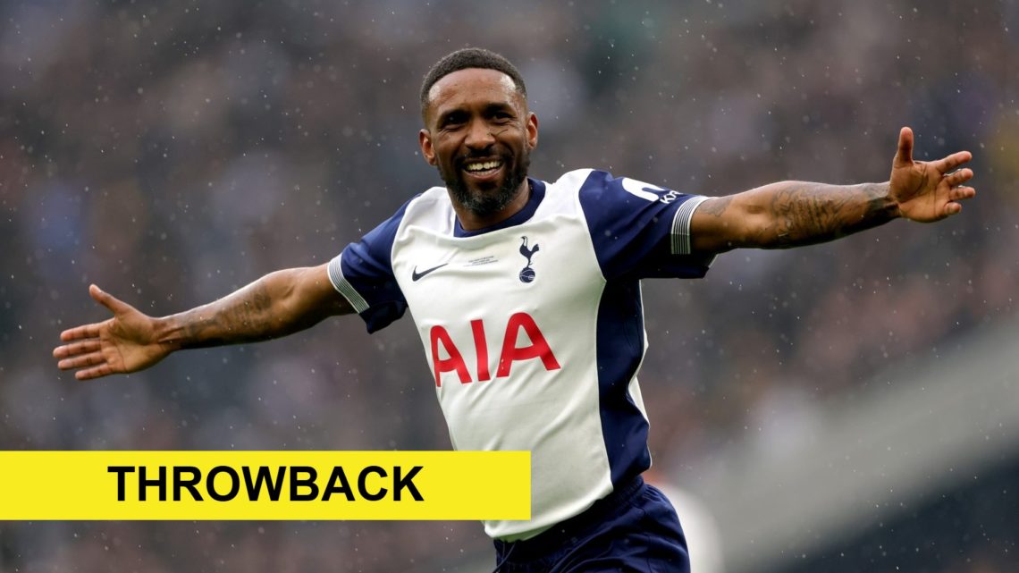 Jermain Defoe playing for Tottenham Hotspur legends. Overlaid, throwback banner.