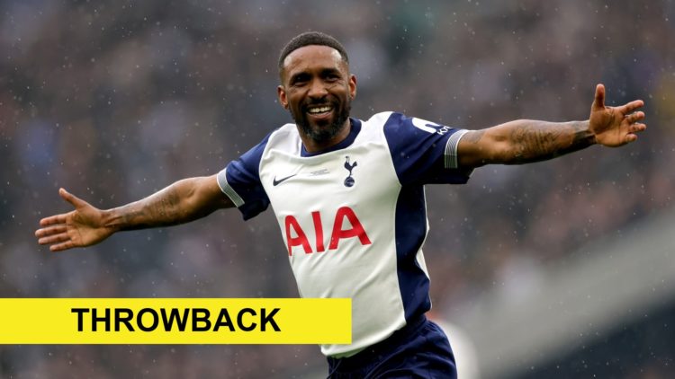 Jermain Defoe playing for Tottenham Hotspur legends. Overlaid, throwback banner.