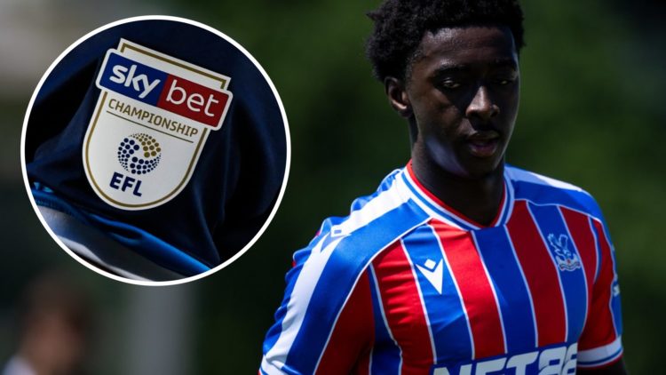 Jesurun Rak-Sakyi looks on as he plays for Crystal Palace (right) and EFL Championship badge on a player's shirt (inset)